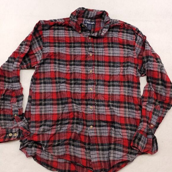 Cherokee Madras Flannel Button Up Casual Shirt Mens Size Medium M Red Gray - Picture 1 of 10